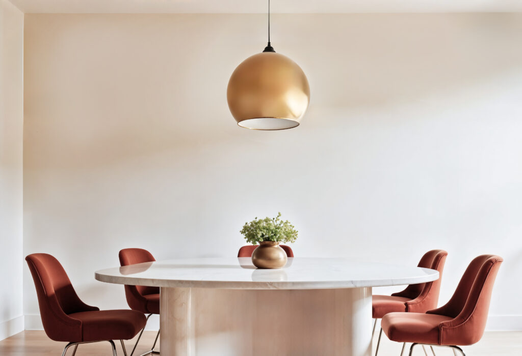 modern dining room with round table red chairs