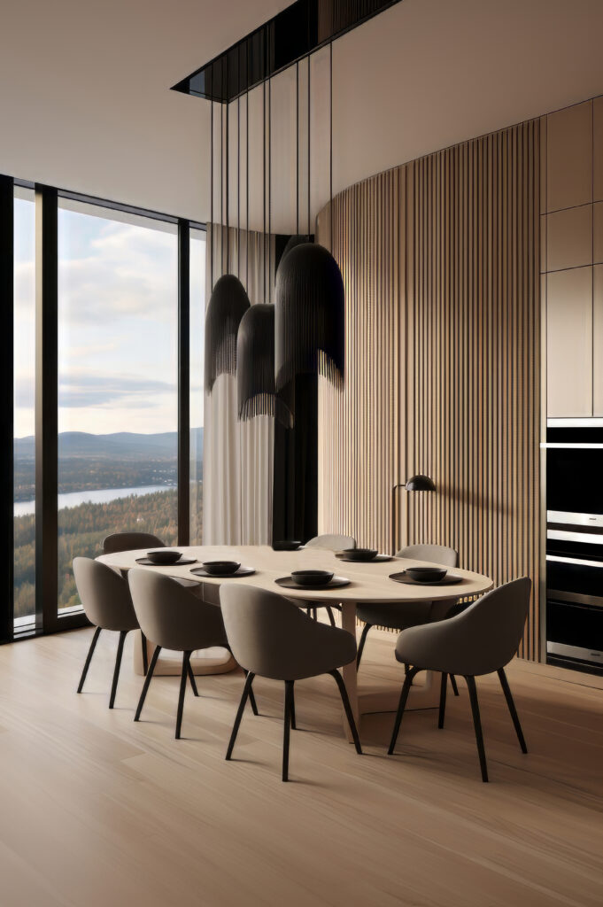 interior of modern kitchen in penthouse photorealistic, cinematic composition, shot on 50mm lens, shutter speed 1/1000, f/11, half rear lighting, backlight, natural lighting, light key background, daylight c 99 ar 2:3 s 250 v 5.2